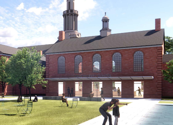 Digital architectural rendering of a brick building with people standing in the front.